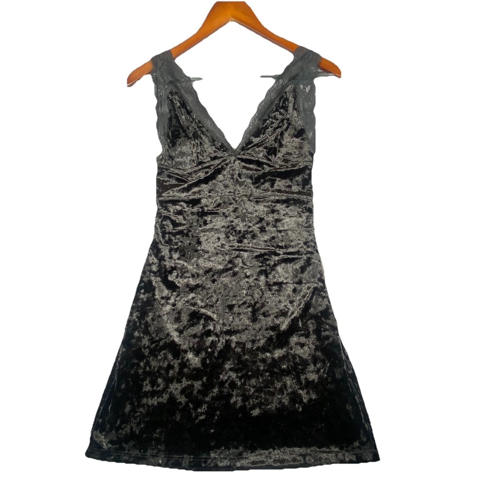 Free People Black Velvet Tank Top mini dress Small Babydoll Lace Romantic Whimsy